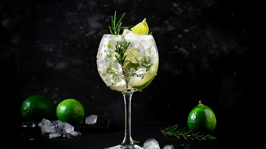 Ice cold gin and tonic in a tall glass with fresh lime and rosemary